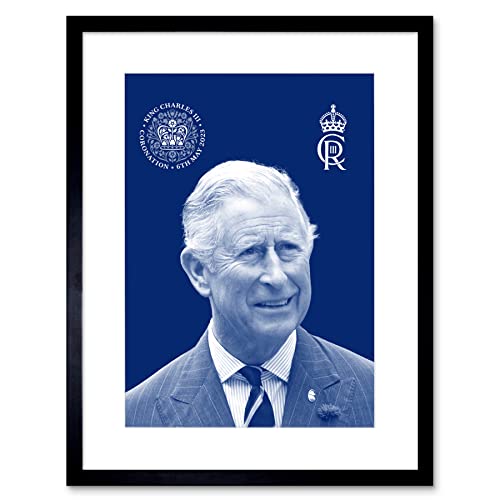 King Charles III Coronation Royal Blue Portrait Picture with Crest and Emblem Artwork Framed Wall Art Print 9X7 Inch von Artery8