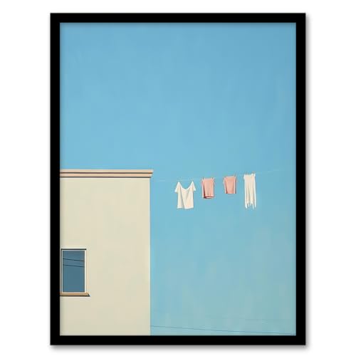 Laundry Line On Blue by Amy Denver Minimalist Soft Pastel Utility Room Minimalism Simple Modern Artwork Art Print Framed Poster Wall Decor 12x16 inch von Artery8
