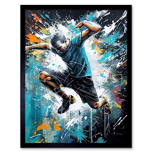 Man Doing Parkour Jump Pose Paint Splat Portrait Art Print Framed Poster Wall Decor 12x16 inch von Artery8