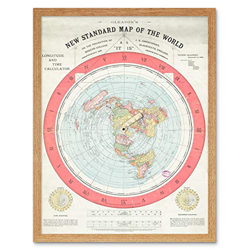 Map Gleason 1892 World Time Calculator Flat Earth Art Print Framed Poster Wall Decor 12x16 inch Karte Welt Wand Deko von Artery8