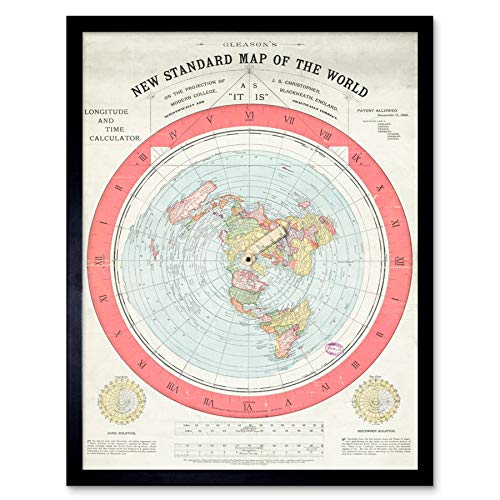 Map Gleason 1892 World Time Calculator Flat Earth Art Print Framed Poster Wall Decor 12x16 inch Karte Welt Wand Deko von Artery8