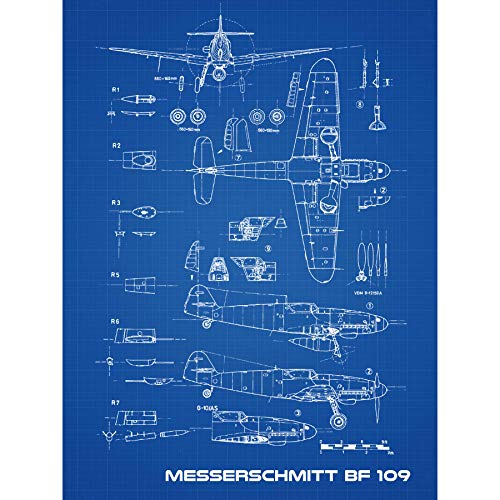 Messerschmitt Bf 109 Fighter Plane 2 Blueprint Plan Extra Large XL Wall Art Poster Print Kämpfer Ebene Blau Wand Poster drucken von Artery8