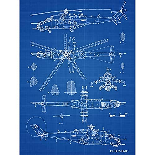 Mil MI-35 Hind Helicopter Gunship Blueprint Plan Art Print Canvas Premium Wall Decor Poster Mural Blau Wand Deko von Artery8