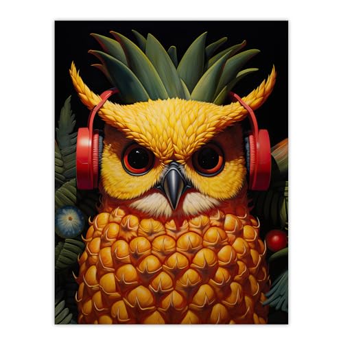 Artery8 Pineapple Owl Bold Vibrant Rich Red Gold And Green Artwork Kitchen Retro Interior Design Extra Large XL Wall Art Poster Print von Artery8