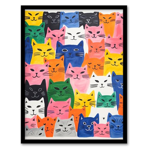 Artery8 Purring Pussycats No1 Happy Cats Drawing Bold Colourful Modern Pastel Art Print Framed Poster Wall Decor 12x16 inch von Artery8
