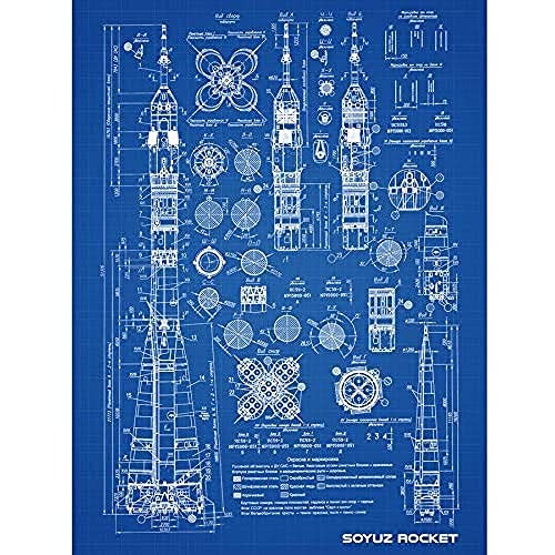 Soyuz Rocket USSR Soviet Space Blueprint Plan Unframed Wall Art Print Poster Home Decor Premium Rakete Sovietunion Sowjetisch Platz Blau Wand Zuhause Deko von Artery8