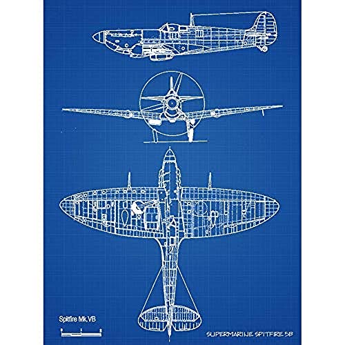 Supermarine Spitfire 5b Fighter Plane Blueprint Plan Art Print Canvas Premium Wall Decor Poster Mural Kämpfer Ebene Blau Wand Deko von Artery8