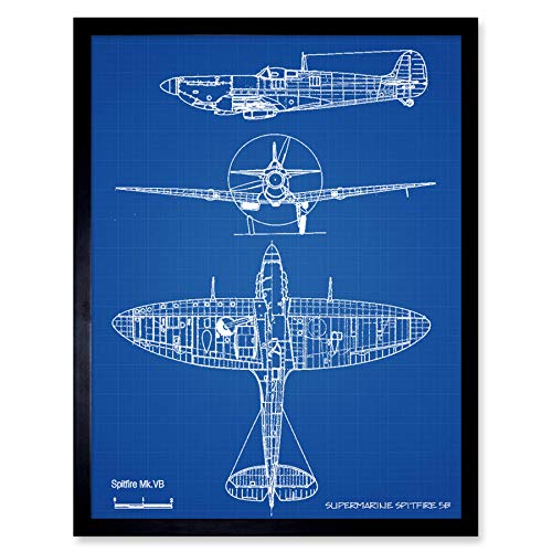 Supermarine Spitfire 5b Fighter Plane Blueprint Plan Art Print Framed Poster Wall Decor 12x16 inch Kämpfer Ebene Blau Wand Deko von Artery8
