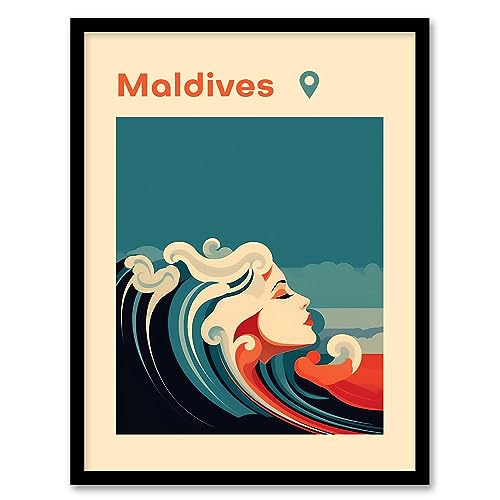 The Seaside Calls Maldives Beach Modern Woman of the Waves Sea Siren Ocean Artwork Framed Wall Art Print A4 von Artery8