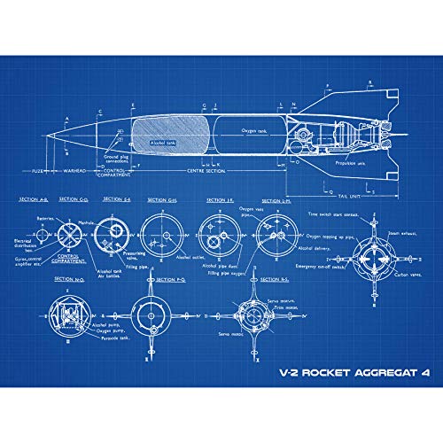 V-2 Rocket Aggregat 4 Ballistic Missile Blueprint Plan Premium Wall Art Canvas Print 18X24 Inch Rakete Blau Wand von Artery8
