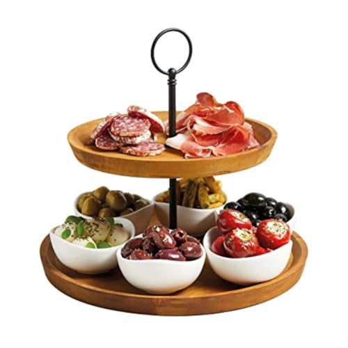 Artesà 2-stöckige Tapas- und Speisenständer, Speisenständer mit 6 Mini-Porzellanschalen, Kuchenständer aus Holz und Handarbeit in Geschenkbox, 24 x 25 cm, Braun & Schwarz von Artesa