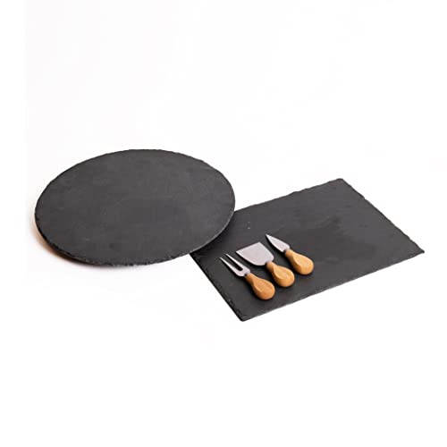 Artesa Bundle Lazy Susan Drehteller aus Schiefer, ideales Käsebrett für Dinnerpartys, Familienessen und Veranstaltungen, 35 cm, Käsebrett und Messerset, 4 Teile von Artesa