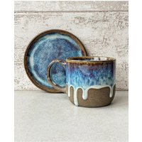 Handgefertigtes Keramikset Blauer Tropfen | Tasse 330 Ml + Teller 13, 5 cm Dunkler Ton Mit Blauer Tropfglasur Handgefertigtes Keramikset Blauer Tropfen | Tasse 330 Ml + Teller 13, 5 cm Dunkler Ton Mit Blauer Tropfglasur von ArtesanoCeramika