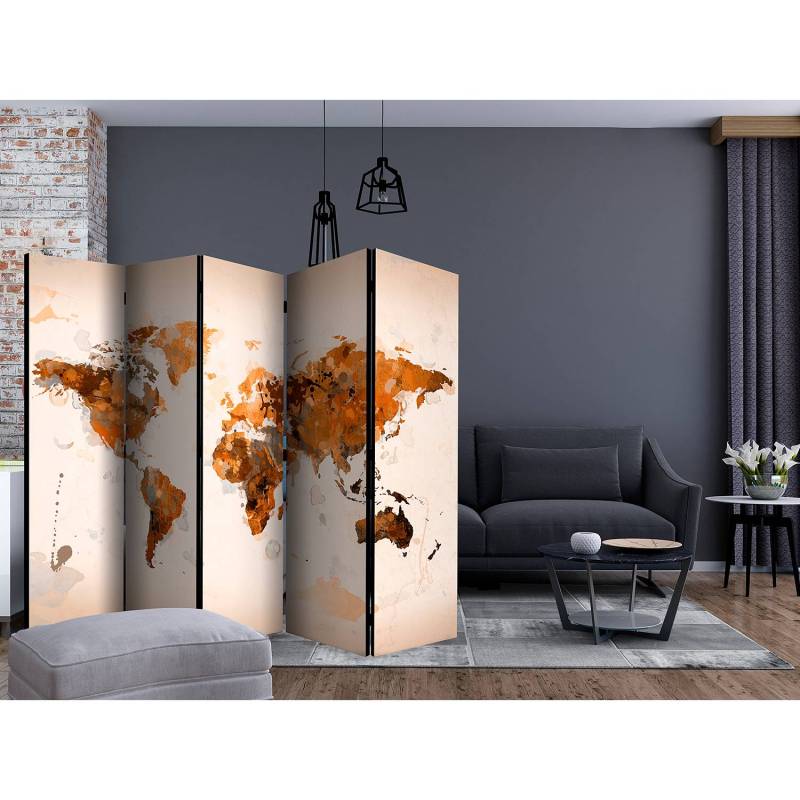 home24 Paravent World in Brown Shapes 5-tlg. Vlies auf Massivholz Kiefer, naturbelassen Braun 225 x 172cm von home24