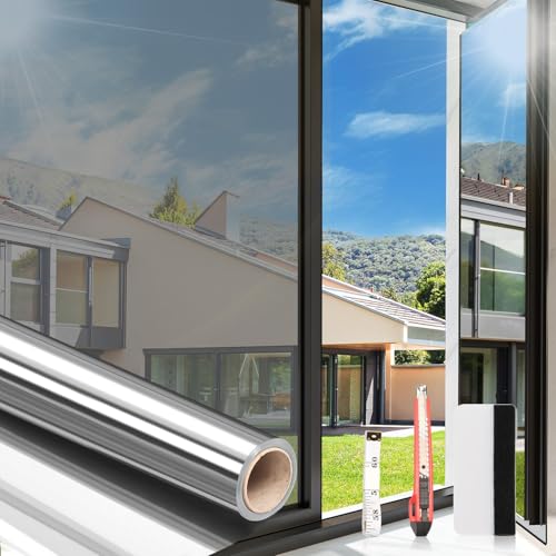 Arthome Fensterfolie 60x254cm Sonnenschutz Spiegelfolie Fenster Sichtschutz Tönungsfolie für Anti-UV Fenster Hitzeschutz Spiegelfolie Selbstklebend Glasfolie für Zuhause und Büro mit Werkzeug,Silber von Arthome WALL DECOR