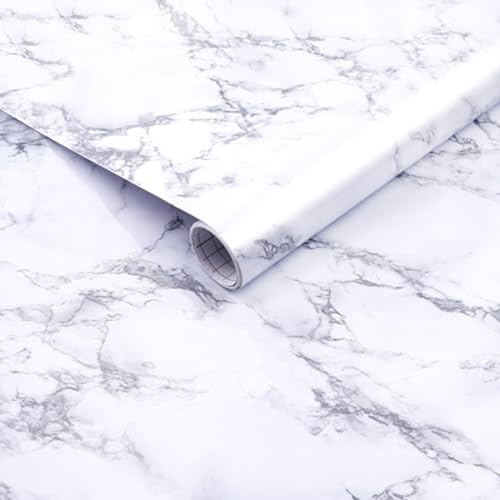 Arthome Weiß Klebefolie Marmor Folie 90cmx3m Abziehen und Aufkleben Tapete Selbstklebende Vinyl Dekorative Folie für Möbel Schreibtisch, Küche Arbeitsplatte, Regal Liner Cover Oberflächen von Arthome WALL DECOR