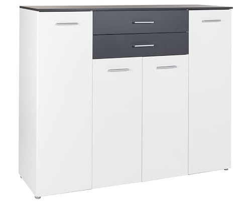 Kommode Sideboard Lowboard 4 Türen 9 Fächern 2 Schubkästen Weiß Anthrazit von Arthur Berndt
