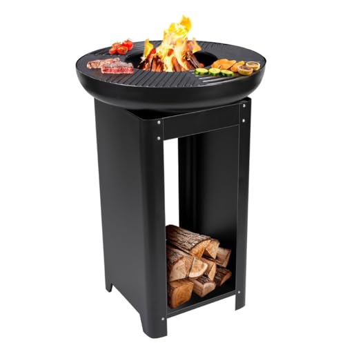 alpina 3-in-1 Feuerstelle und Grillplatte - Gartenkamin 61 x 90 cm - mit Teppanyaki-Grillplatte - Plancha Grill mit Brennholzaufbewahrung - Feuerstelle für den Außenbereich - Metall von Arti Casa