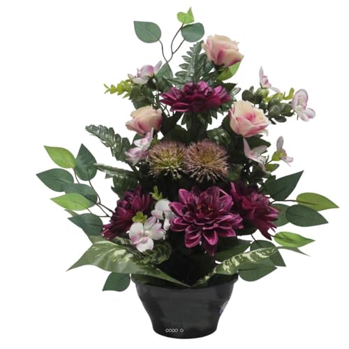 Artificielles.com - Dahlien-Vase, Rose, Mini-Blumen, Distel und Ficus Purpur – Allerheiligen – Farbe: Purpur von Artificielles.com