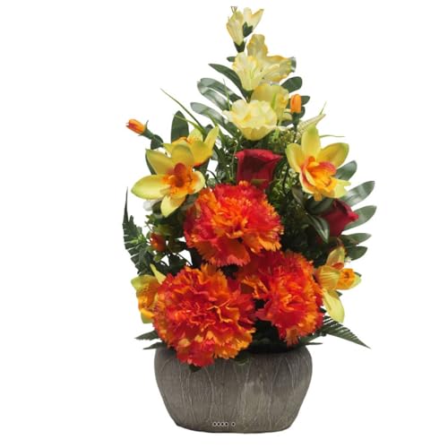 Artificielles.com - Pflanzgefäß mit Übertopf, Nelke, Rosenknospe, Orchidee, Orangenglail, für Allerheiligen – Farbe: Orange von Artificielles.com