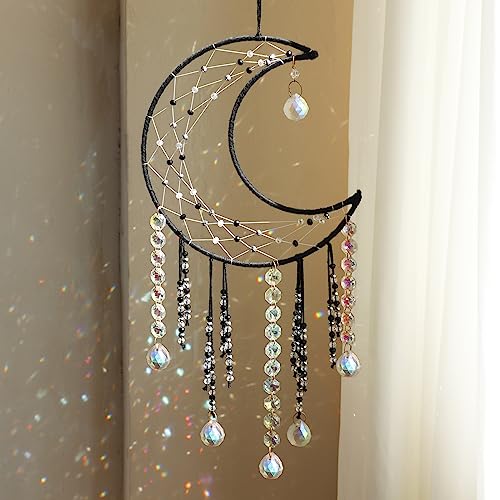 Artilady Traumfänger mit Kristallen, großer schwarzer Boho-Mond-Traumfänger, Wanddekoration, Hausdekorationen für Zuhause, Mädchen, Kinder, Baby, Schlafzimmer, Raumdekoration, Weihnachten, Geburtstag, von Artilady