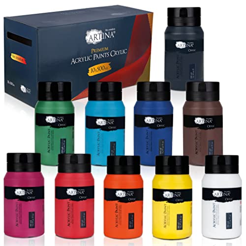 Artina 10er Acrylfarben Set 500ml – Deckende Malfarbe Schnelltrocknende Farbe zum Malen 10x500ml Profi Acryl Künstlerfarben Set Grundfarben Tuben Wasserfest, Hohe Pigmentierung & Lebendige Farben von Artina
