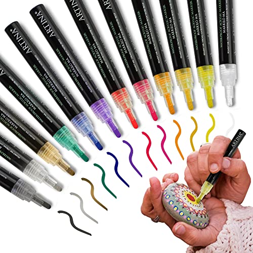 Artina 12 Acrylstifte Set Markilo MA – 4 mm Spitze - Wasserfeste Filzstifte Permanent Marker mit leuchtenden Farben Schnelltrocknend & Hochpigmentiert Acryl Stifte zum Malen für Steine, Leinwand von Artina