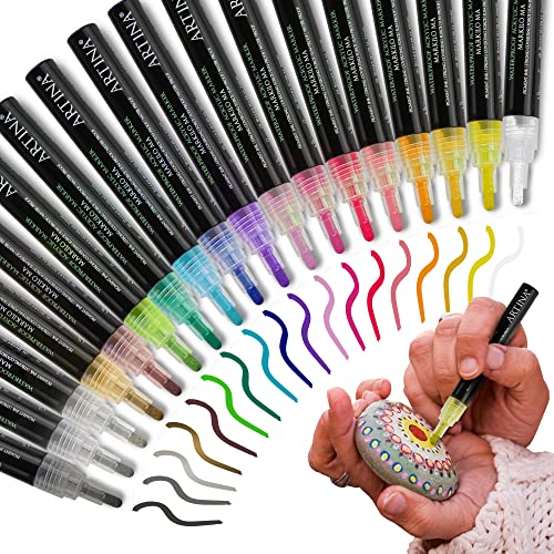 Artina 18 Acrylstifte Set Markilo MA – 4 mm Spitze - Wasserfeste Filzstifte Permanent Marker mit leuchtenden Farben Schnelltrocknend & Hochpigmentiert Acryl Stifte zum Malen für Steine, Leinwand von Artina