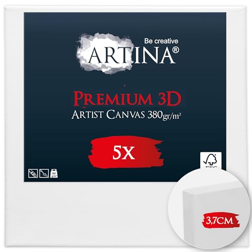Artina 5er Set 3D Leinwand 90x90cm – Bespannt auf stabilem FSC® Keilrahmen, verzugsfrei, 3-Fach weiß vorgrundiert, Premium Qualität, 100% Baumwolle, 380 g/m² – Künstlerbedarf von Artina