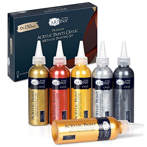 Artina 6 x 150ml Acrylfarben Metallic Set Crylic (Glitter) - Acrylfarbe Gold, Silber, Bronze, Kupfer - Metallic Farbe zum Malen mit Pinsel und Malmesser auf Leinwand, Ton, Papier, Beton etc. von Artina