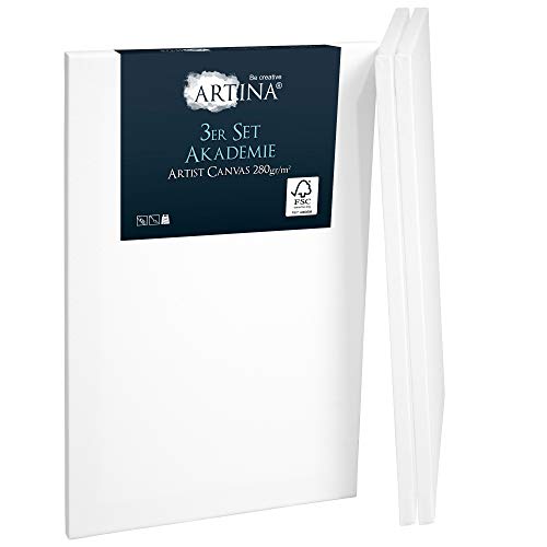 Artina FSC® Keilrahmen 3er Set Akademie 40x60 cm – Leinwand Set Maltuch aus 100% Baumwolle Leinwände 280 g/m² - Keilrahmenset Leinwand zum Bemalen für Acryl-, Aquarell-, Ölfarbe UVM von Artina