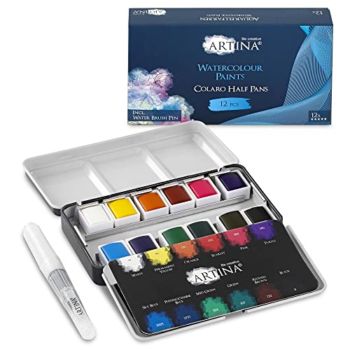 Artina Colaro Farbkasten Aquarellfarben 12 Set Wasserfarbe Malkasten Metallkasten mit Aquarell Palette Näpfchen Wasserfarben Malset und Wassertankpinsel - Pinselstift von Artina