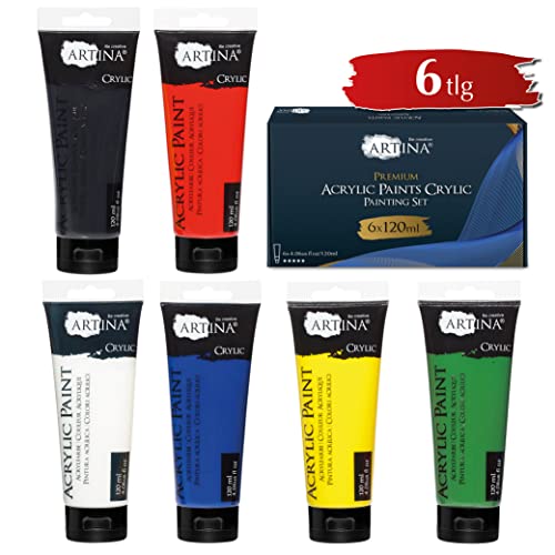 Artina Crylic 6x 120 ml Acrylfarben Set (720ml) - 6 Farben hochwertige Primärfarben Acryl Farben Set - Acrylfarbe für Hobby-Künstler & Profis, Malfarbe für Leinwand, Holz, Steine etc. von Artina