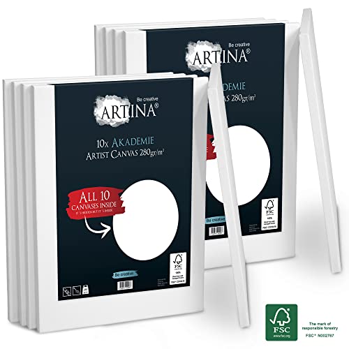 Artina FSC® Keilrahmen 10er Set Akademie 50x70 cm – Leinwand Set Maltuch aus 100% Baumwolle Leinwände 280 g/m² - Keilrahmenset Leinwand zum Bemalen für Acryl-, Aquarell-, Ölfarbe UVM von Artina