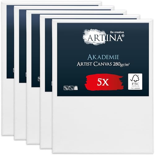 Artina FSC® Keilrahmen 5er Set Akademie 18x24 cm – Leinwand Set Maltuch aus 100% Baumwolle Leinwände 280 g/m² - Keilrahmenset Leinwand zum Bemalen für Acryl-, Aquarell-, Ölfarbe UVM von Artina