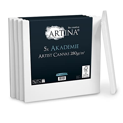 Artina FSC® Keilrahmen 5er Set Akademie 50x50 cm – Leinwand Set Maltuch aus 100% Baumwolle Leinwände 280 g/m² - Keilrahmenset Leinwand zum Bemalen für Acryl-, Aquarell-, Ölfarbe UVM von Artina