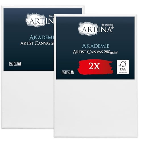 Artina FSC Keilrahmen 2er Set Akademie 40x60 cm – Leinwand Set Maltuch aus 100% Baumwolle Leinwände 280 g/m² - Keilrahmenset Leinwand zum Bemalen für Acryl-, Aquarell-, Ölfarbe uvm von Artina