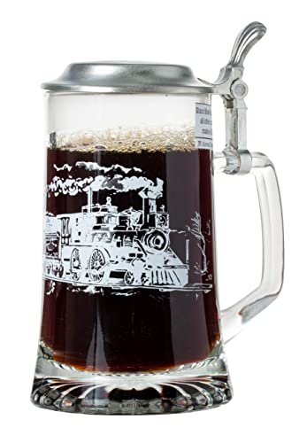 Artisan Owl Dampflokomotive Eisenbahn Bierkrug aus Glas mit Metalldeckel und Daumenlift von Artisan Owl