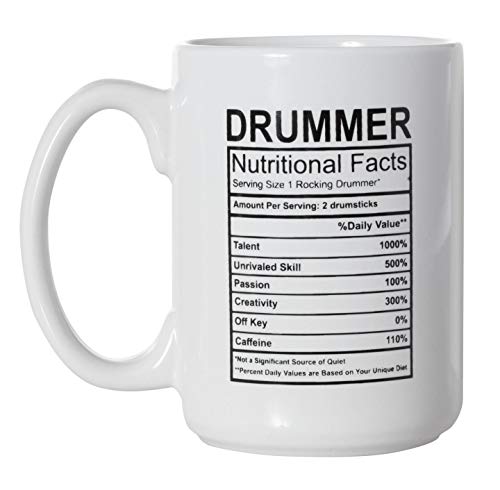 Tasse für Drummer Nutrition Facts Zutatenetikett – Schlagzeug-Musiker-Geschenk-Tasse – 425 ml Deluxe, doppelseitige Kaffee-/Teetasse von Artisan Owl
