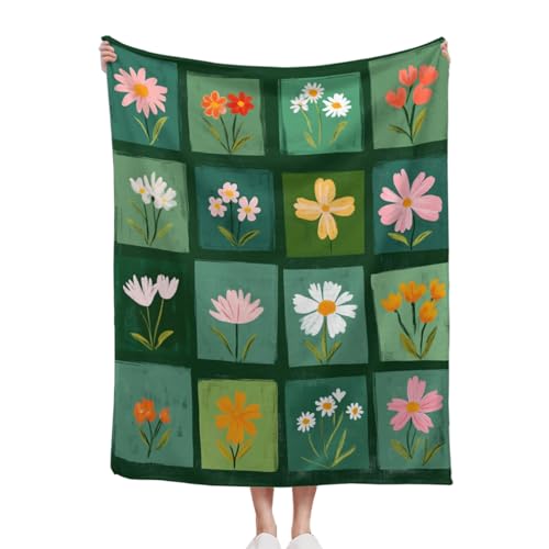 Artisanal Habitat Ultrasofte Mikrofaser-Decke, 40x50 in, Karierter Hintergrund mit grünen Blumen, leicht und gemütlich für Sofa und Schlafzimmer, Jahrestage und Feiertage von Artisanal Habitat