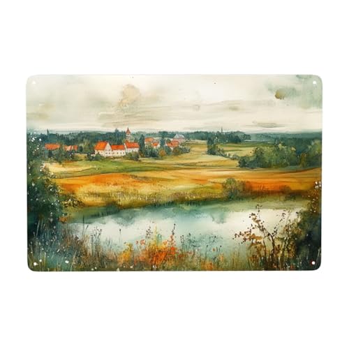 Blechschild, Rustikale Aquarellfarbe In Einer Mischung Aus Grün Und Orange, Aus Metall, Rustikales Landschild, Wandkunst, Türschild Zum Aufhängen, Für Rustikale Wohnkultur, 20x30cm von Artisanal Habitat
