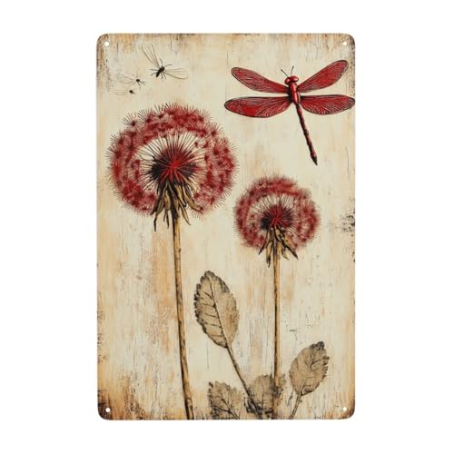 Garten Metall Blechschild, Rotes Löwenzahn- Und Libellenmuster, Lustige Gartenschilder Wanddekoration, Aus Metall, Gift Idea For Garden Friends, 20×30 Cm von Artisanal Habitat