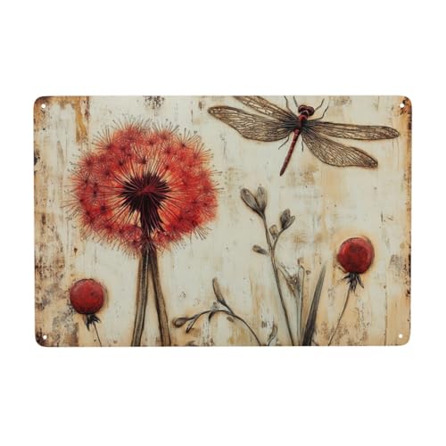 Garten Metall Blechschild, Rotes Löwenzahn- Und Libellenmuster, Lustige Gartenschilder Wanddekoration, Gift Idea For Garden Friends, 20×30 Cm von Artisanal Habitat
