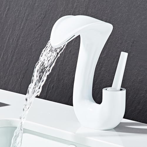 Kreative Design Waschbecken Wasserhahn, Wasserfall-Armatur, warm und kalt Dual-Control mit Ventilkern aus Keramik, Waschtischarmatur für Badezimmer (Weiß, Kurze Ausführung) von Artisanal Habitat