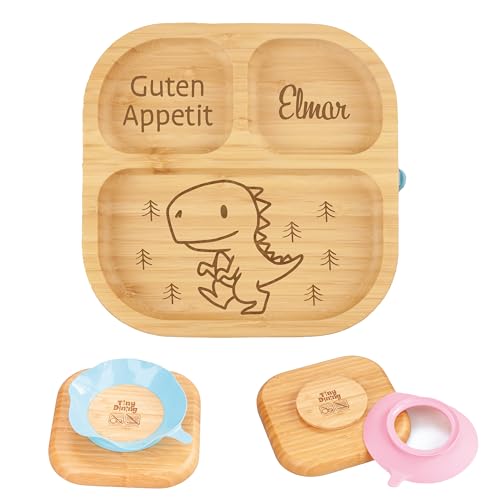 Babyteller personalisiert, Babygeschenk Geburt, Kindergeschirr personalisiert, Kinderteller, Babyteller Holz, Babyteller Saugnapf (Dino, Grau) von Artissima