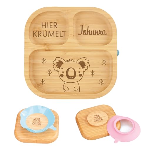 Babyteller personalisiert, Babygeschenk Geburt, Kindergeschirr personalisiert, Kinderteller, Babyteller Holz, Babyteller Saugnapf (Koala, Grau) von Artissima