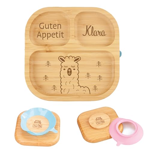 Babyteller personalisiert, Babygeschenk Geburt, Kindergeschirr personalisiert, Kinderteller, Babyteller Holz, Babyteller Saugnapf (Lama, Pink) von Artissima