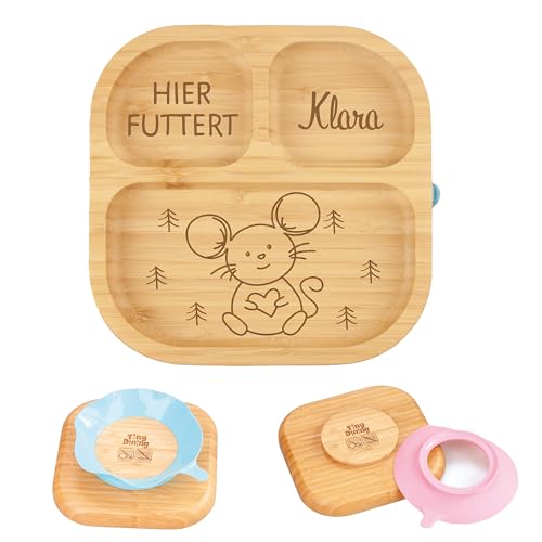 Babyteller personalisiert, Babygeschenk Geburt, Kindergeschirr personalisiert, Kinderteller, Babyteller Holz, Babyteller Saugnapf (Maus, Dunkelrot) von Artissima