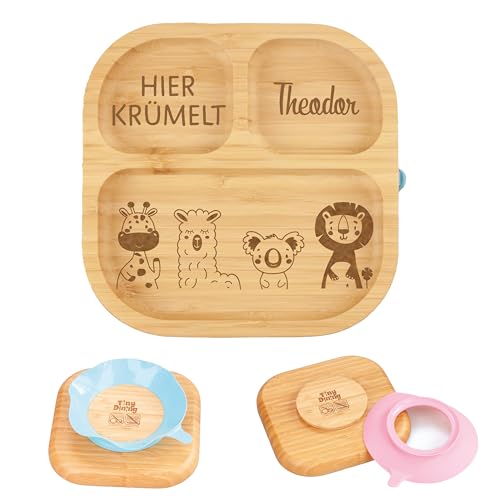 Babyteller personalisiert, Babygeschenk Geburt, Kindergeschirr personalisiert, Kinderteller, Babyteller Holz, Babyteller Saugnapf (Tierbande B, Blau) von Artissima