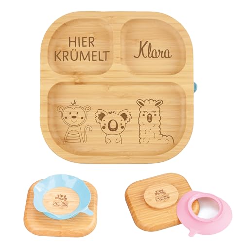 Babyteller personalisiert, Babygeschenk Geburt, Kindergeschirr personalisiert, Kinderteller, Babyteller Holz, Babyteller Saugnapf (Tierbande C, Blau) von Artissima